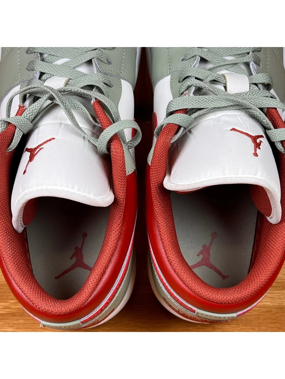 Jordan Low Top Sneakers in White, Rust Red, and Sage Green - Men's Size 13